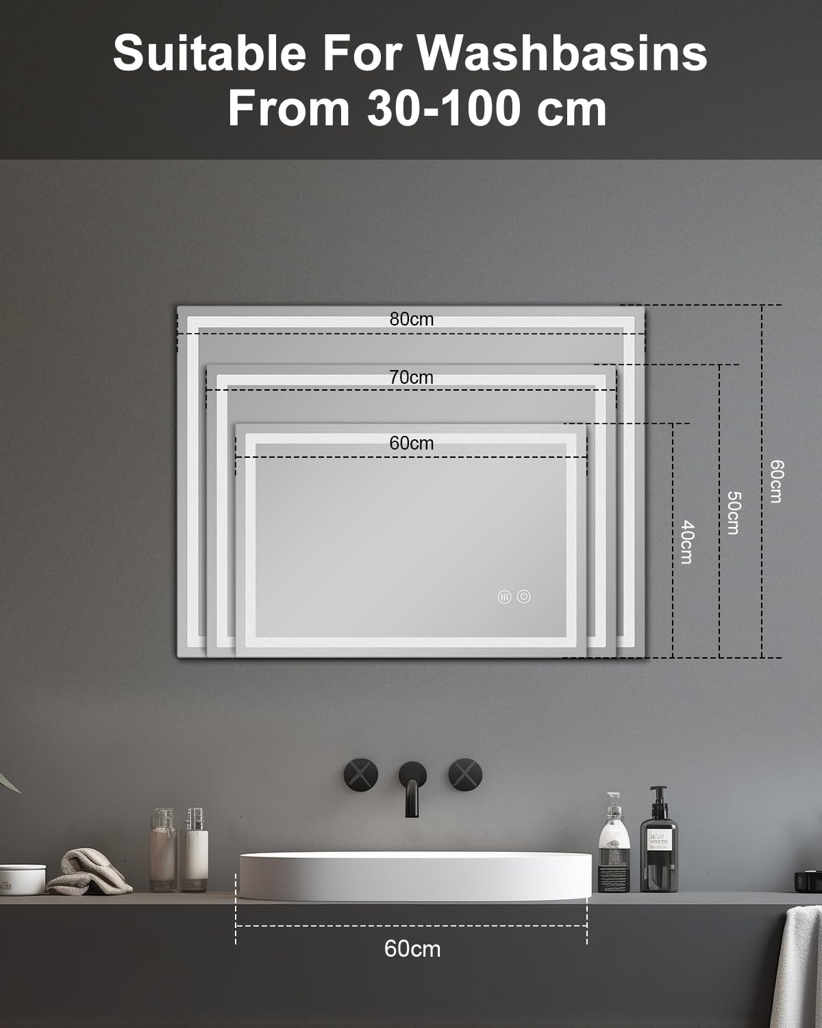 Lustro łazienkowe z oświetleniem LED, 50 x 70 cm, z włącznikiem dotykowym, przeciwmgielne, możliwość ściemniania, 3 temperatury barwowe, funkcja pamięci, wodoszczelne (IP44), lustro łazienkowe