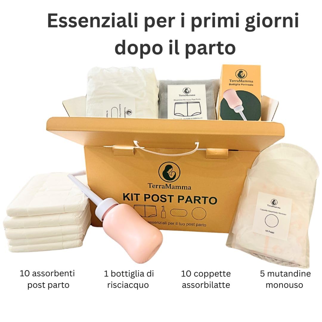 Kit Post Parto TerraMamma – Borsa Ospedale Mamma con Mutandine Monouso, Assorbenti, Coppette Assorbilatte e Bottiglia Perineale | Postpartum Recovery Kit for Mom