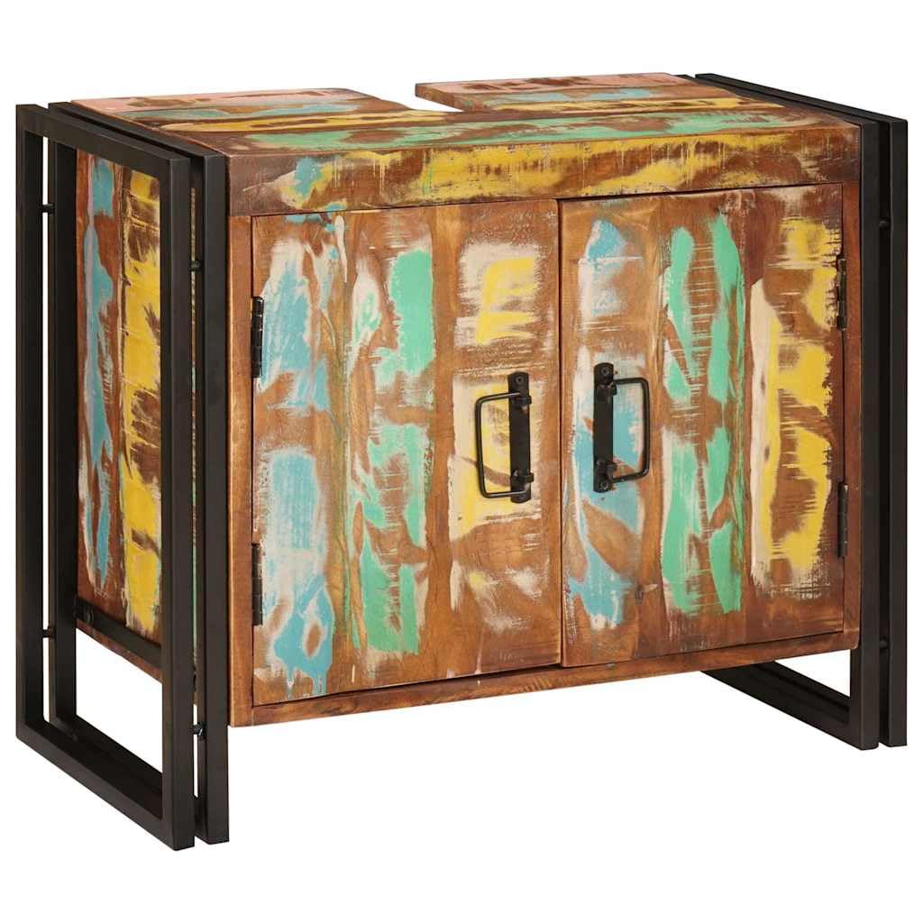 Mobile Sottolavello Bagno Legno Massello Multicolore 71x33x58cm | Mobiletto salvaspazio per il bagno con robusto telaio in ferro e ripiano interno regolabile per accessori.