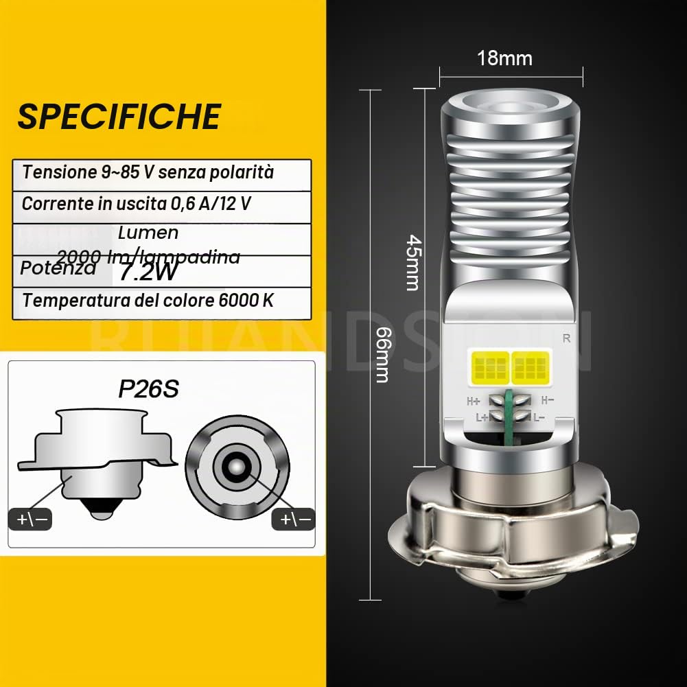 Ruiandsion 2 pezzi P26S Lampadina LED per faro moto, AC/DC 9-85V, bianca, COB, 4 chip SMD LED, per faro moto, senza polarità