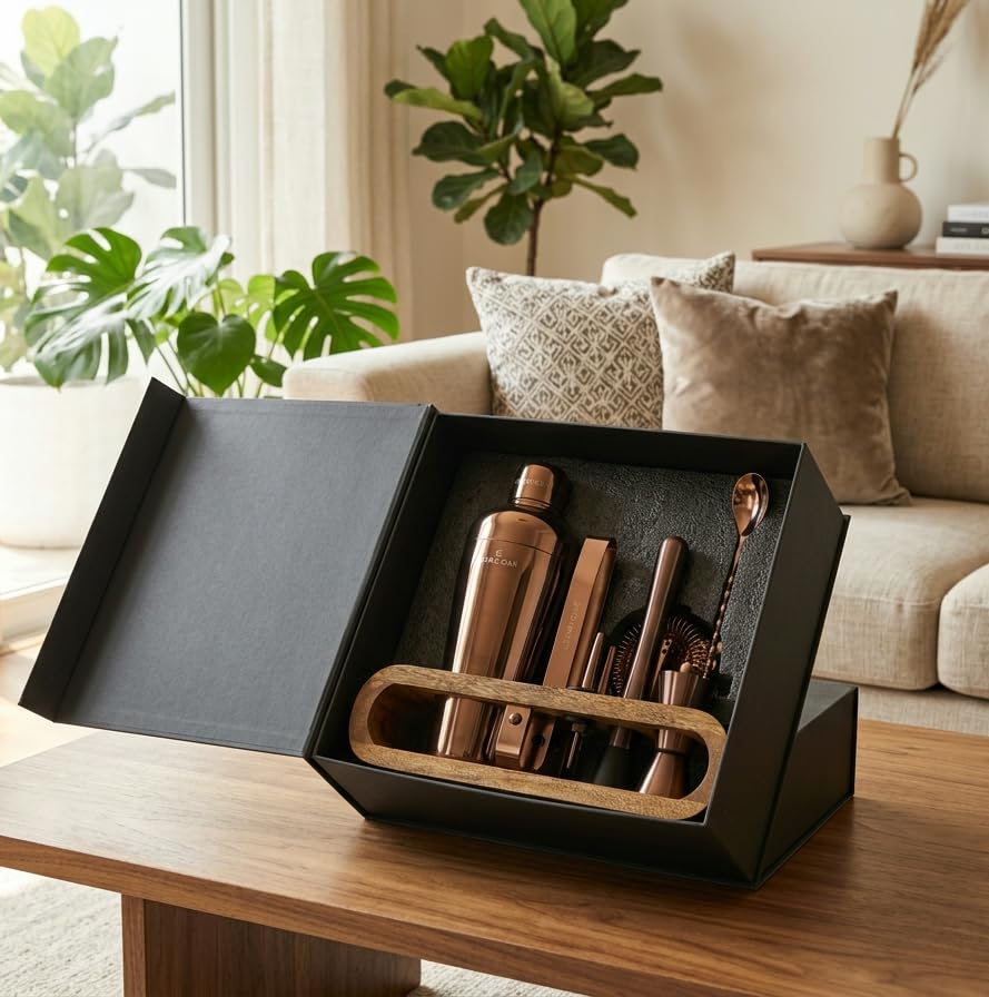 Image of Car-O-Bar Copper Gold Bar Set with Stand | 10 Piece Bartender Kit :Cocktail Shaker, Bar Spoon, Jigger, Muddler, Strainer, Wine & Beer Bottle Opener, 2 Pour Spouts, Tong, Wooden Stand
