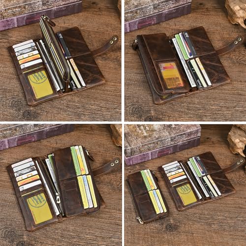 Image of Genuine Crazy Horse Leather Travel Gift Coin Pocket Card Case Long Organizer Chain Rfid Wallet Purse With Snap For Men Male 1803 (1803 dark coffee)