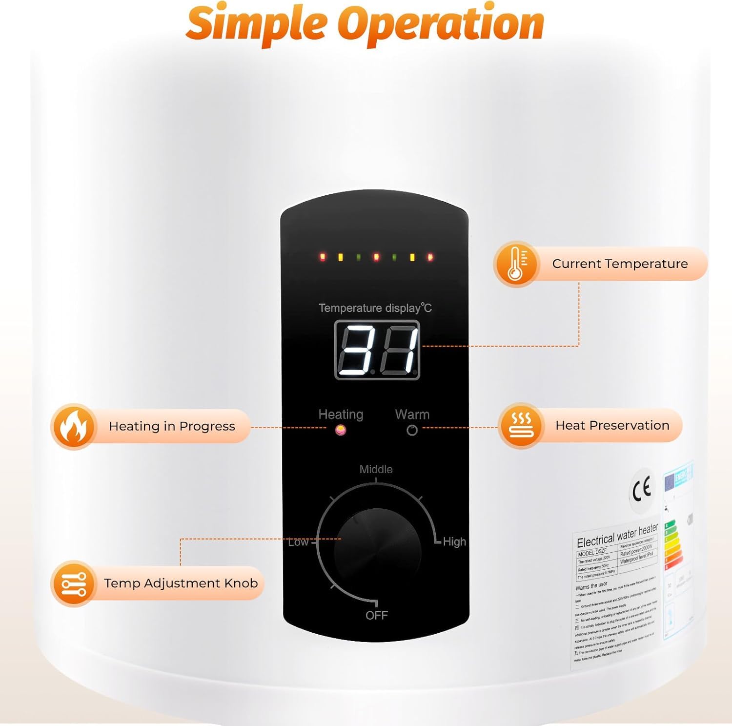 Podgrzewacz przepływowy bojler 60 l | elektryczny bojler ciepłej wody 60 l 25-75 °C | Ekran LED | 220 V 2000 W 0,7 MPa IPX4 | nadaje się do kuchni, łazienki i kampera | pionowa konstrukcja kolumnowa