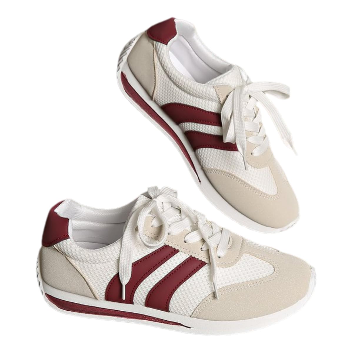 FRHDTVFN Women's Mesh Athletic Sneakers, White and Burgundy, Retro Style Running Shoes (White, Adult, Women's, 9.5, Digital, US Shoe System, Medium (Medium))