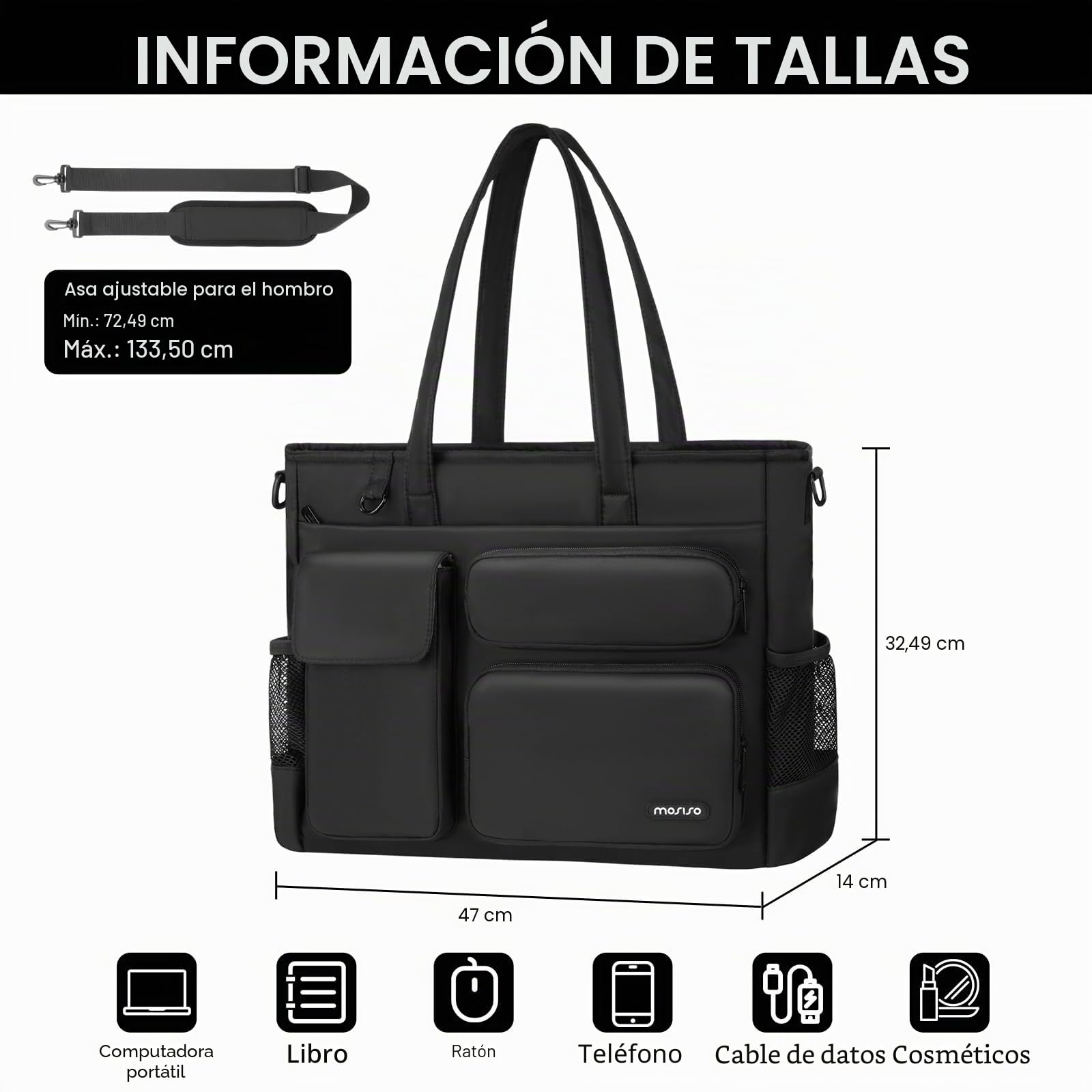 MOSISO Bolso Tote Portátil, Bolso Portátil 15-15,6 Pulgadas | Bolsos Bandolera Gran Capacidad para Ordenador Trabajo Portavasos&Compartimento Portátil&Cinturón Trasero para Trabajo, Negro