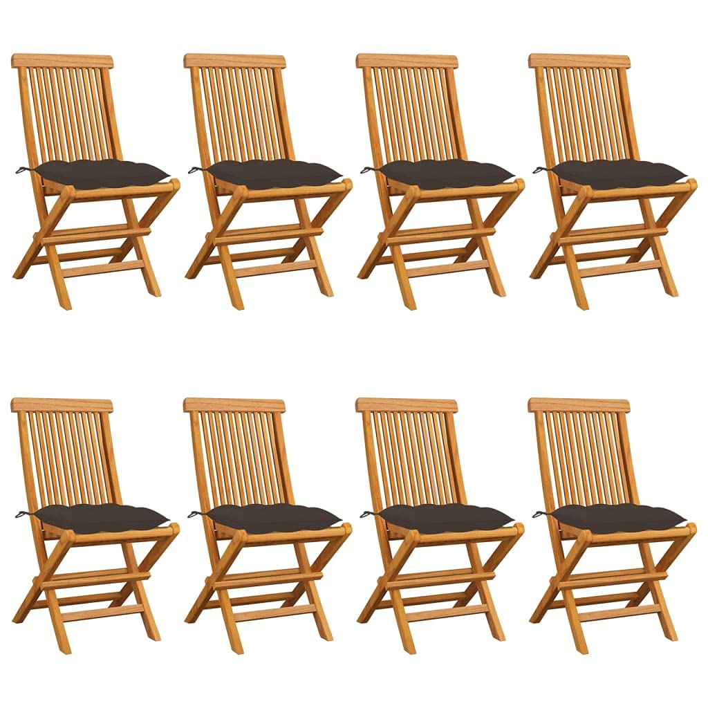 Sillas plegables de madera maciza de teca, 8 unidades, sillas de jardín con cojines de color topo, sillas de comedor para jardín, plegables y ligeras, comodidad gracias al acolchado grueso
