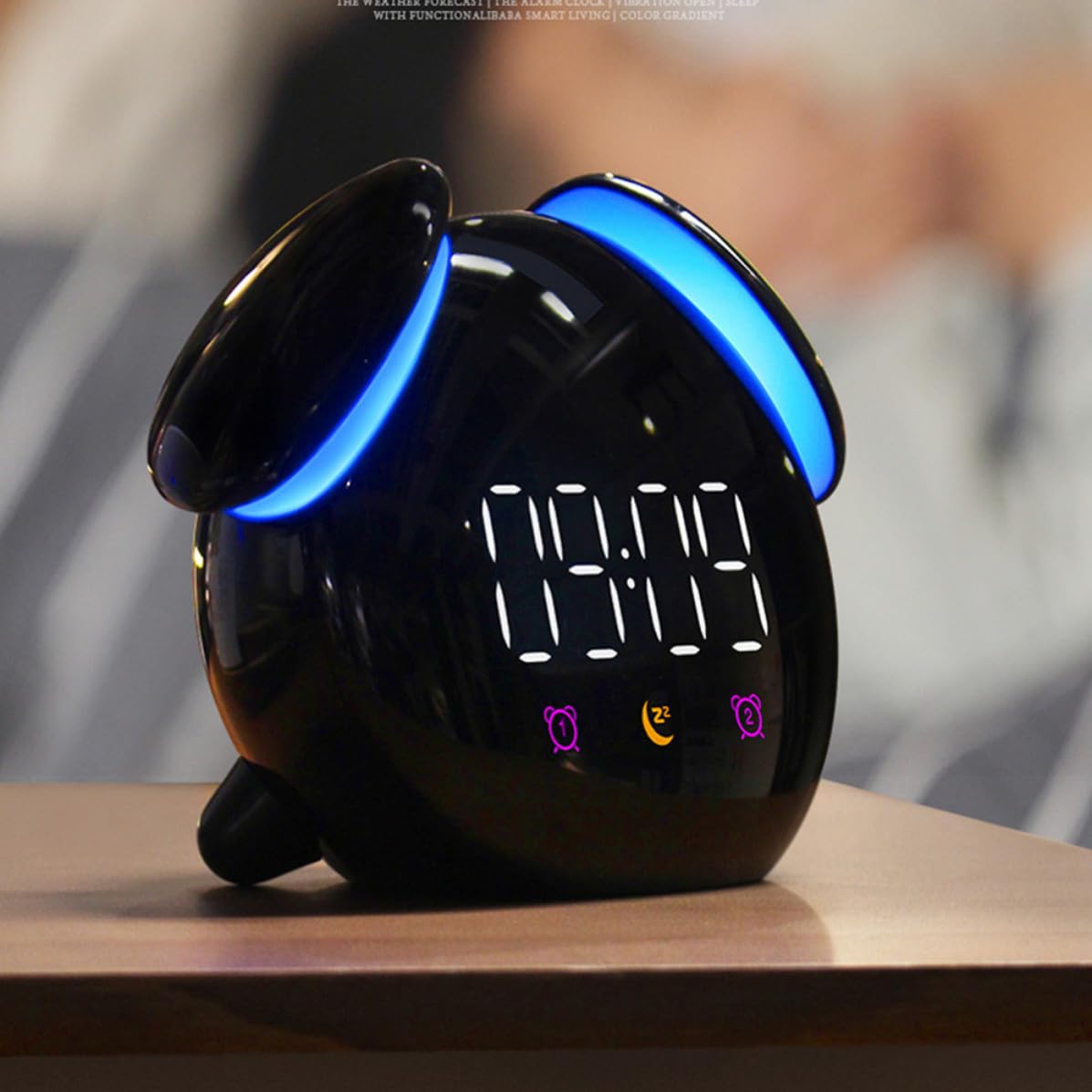 Reloj Despertador Luz de Inducción Creativo Negro Forma de Hongo y Pantalla de Brillo Día y Noche, Material Plástico Resistente para Dormitorio