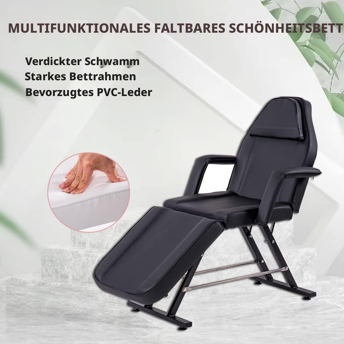 LSLIFE Beauty Bed Massageliege mit Hocker & Laken 3 Abschnitt verstellbare Massagetisch Tattoo Stuhl mit abnehmbaren Armlehnen Kopfstütze Salon Wimpern Bett für Spa Salon