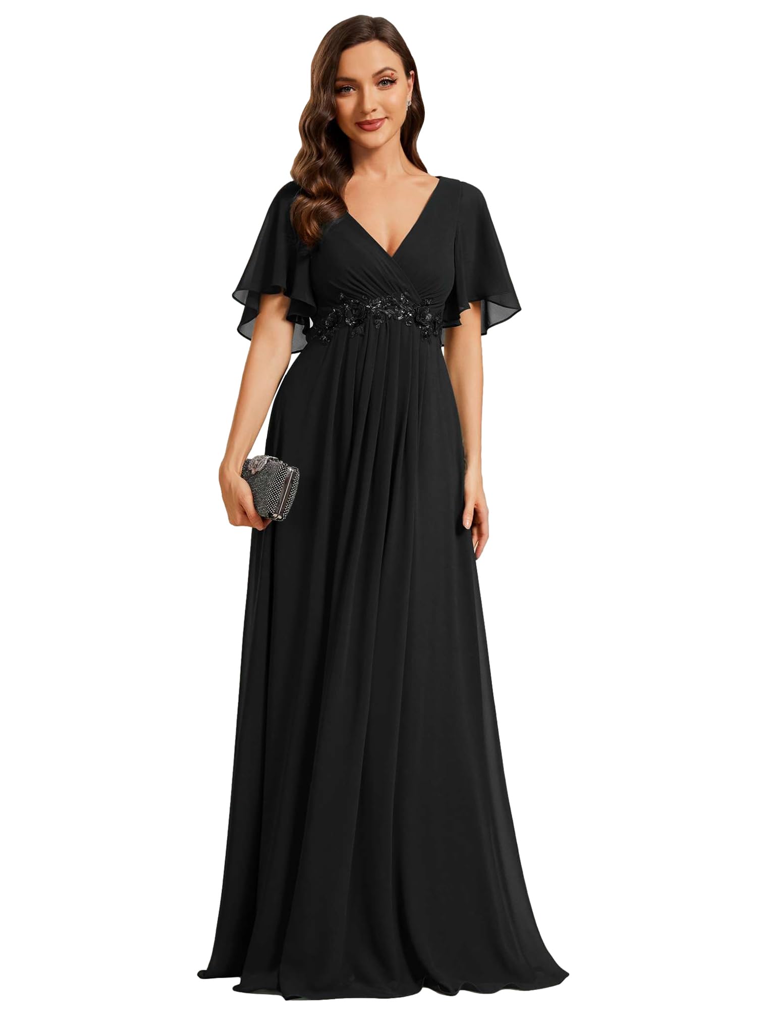 Ever-Pretty Vestito Donna Elegante Scollo a V Maniche a Volant Stile Lungo Abito Cerimonia Donna EE01960