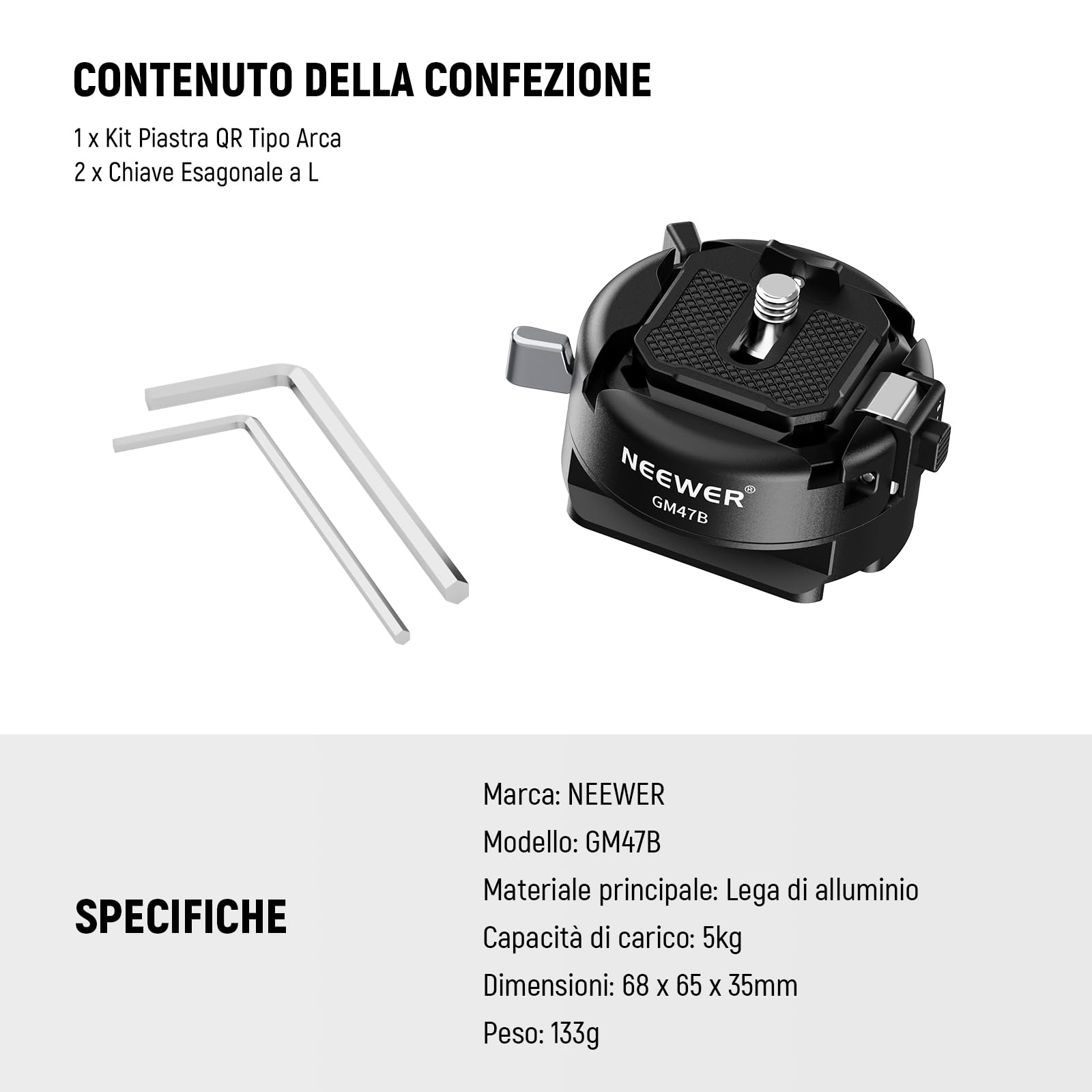 NEEWER GM47B Kit Piastra a Sgancio Rapido, Adattatore Treppiede Fotocamera QR Quadrato con Base a Morsetto Compatibile con Arca Swiss DJI Ronin RS 4 Pro RS 3 RS 2 Peak Design Capture V3 Camera Clip
