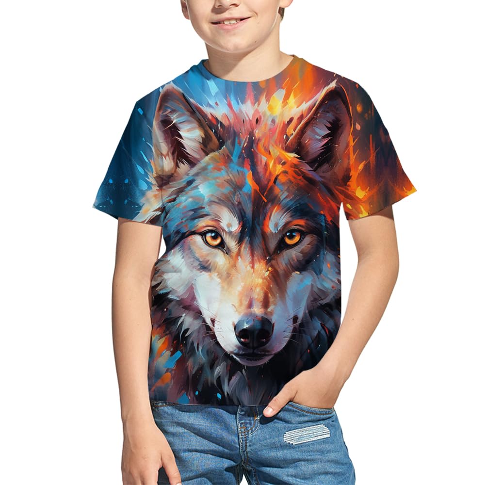 Kids 3D Print Graphic Tees Funny Wolf Short Sleeve T Shirts for Youth Boys Girls 4-14 Years