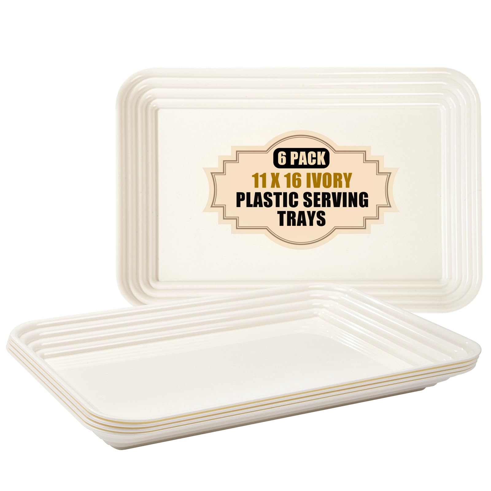 SUT 6-Pack Ivory Serving Trays for Entertaining-16 x 11" Serving Platters for Snacks, Fruit, Cookies, Dessert, Reusable Plastic Trays for Serving Food and Party Organization in Kitchen & for Parties