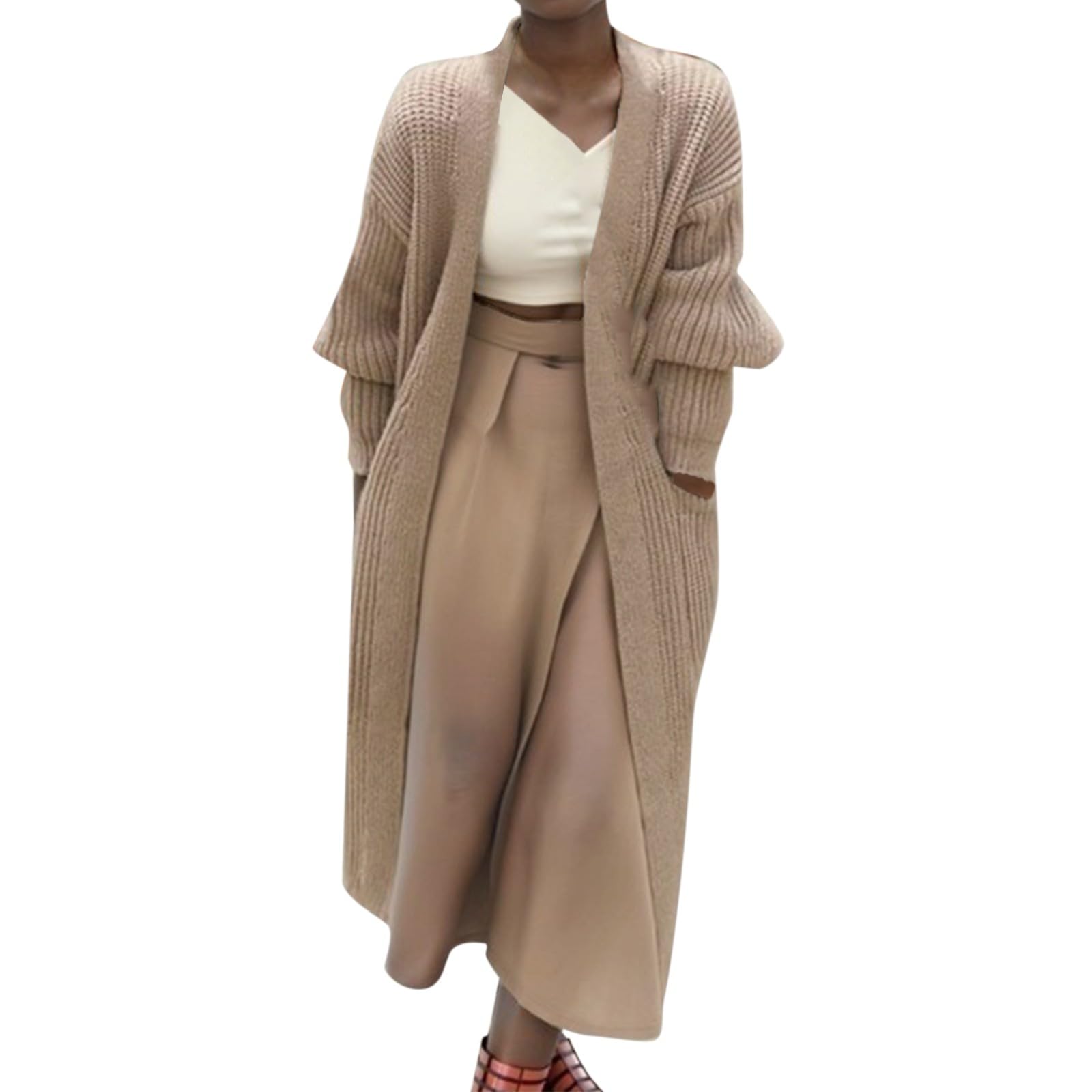Cálida chaqueta larga de punto para mujer con bolsillo manga larga cárdigan ligero elegante cómodo otoño invierno abrigo de punto