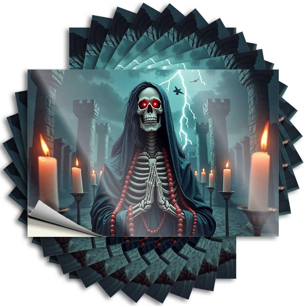 Emo Sticker Durable Wall | Dark Mystic: A Skeleton in Prayer Amidst Stormy Towers Winter Self Adhesive Sticker for Hunting DIY(12X18CM)