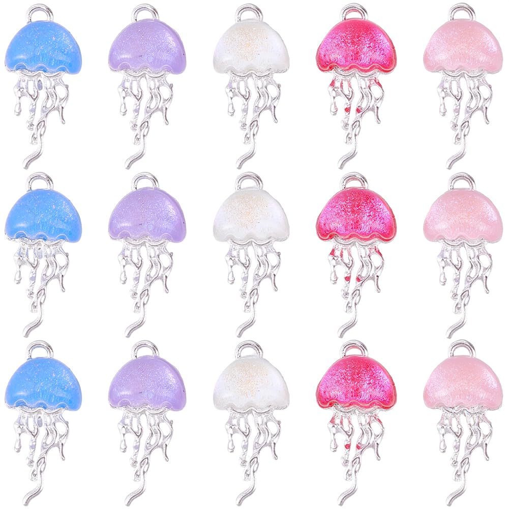 BEAMARKER 1 Box 20Pcs 5 Colors Jellyfish Resin Charms Sea Animal Charm Alloy Silver Summer Ocean Creature Marine Life Pendants for Jewelry Making Diy Crafting Earrings Necklace Keychains Decor