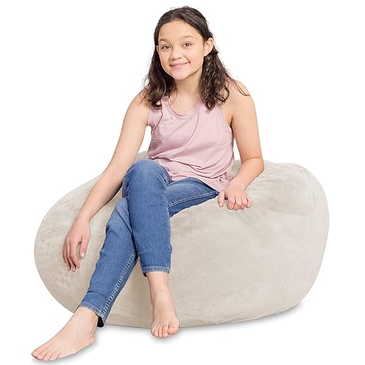 Posh Creations Bean Bag Chair for Kids, Teens, and Adults Includes Removable and Machine Washable Cover, Soft Faux Rabbit Fur - Cream, 38in - Large