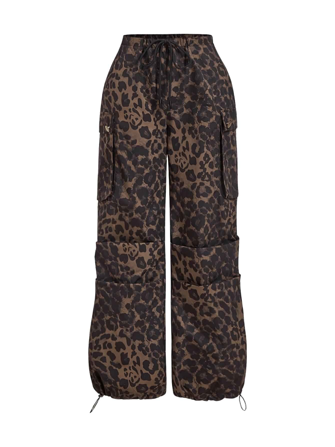 GORGLITTER Women's Cheetah Leopard Print Cargo Baggy Parachute Pants Animal Print Track Pants, High Elastic Waist Drawstring Bottom, Wide Leg, Going Out Fall Trousers