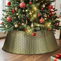Lanpn Metal Christmas Tree Collar 50cm, Christmas Tree Ring Collar for Small Mini Pencil Xmas Stand Cover Real Artificial Trees Indoor Outdoor Decoration (Gold, Horizontal Weave)