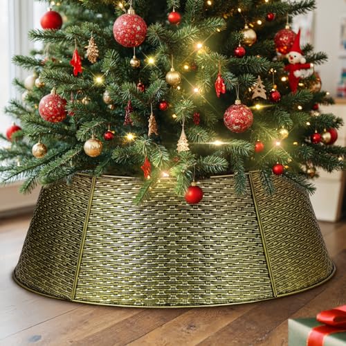 Lanpn Metal Collar Árbol de Navidad 50cm, Albero Natale Decorativo Christmas Tree Collar para Pequeño Mini S Árboles Artificiales Interior Exterior - Decoración Navideña (Dorado, Tejido Horizontal)