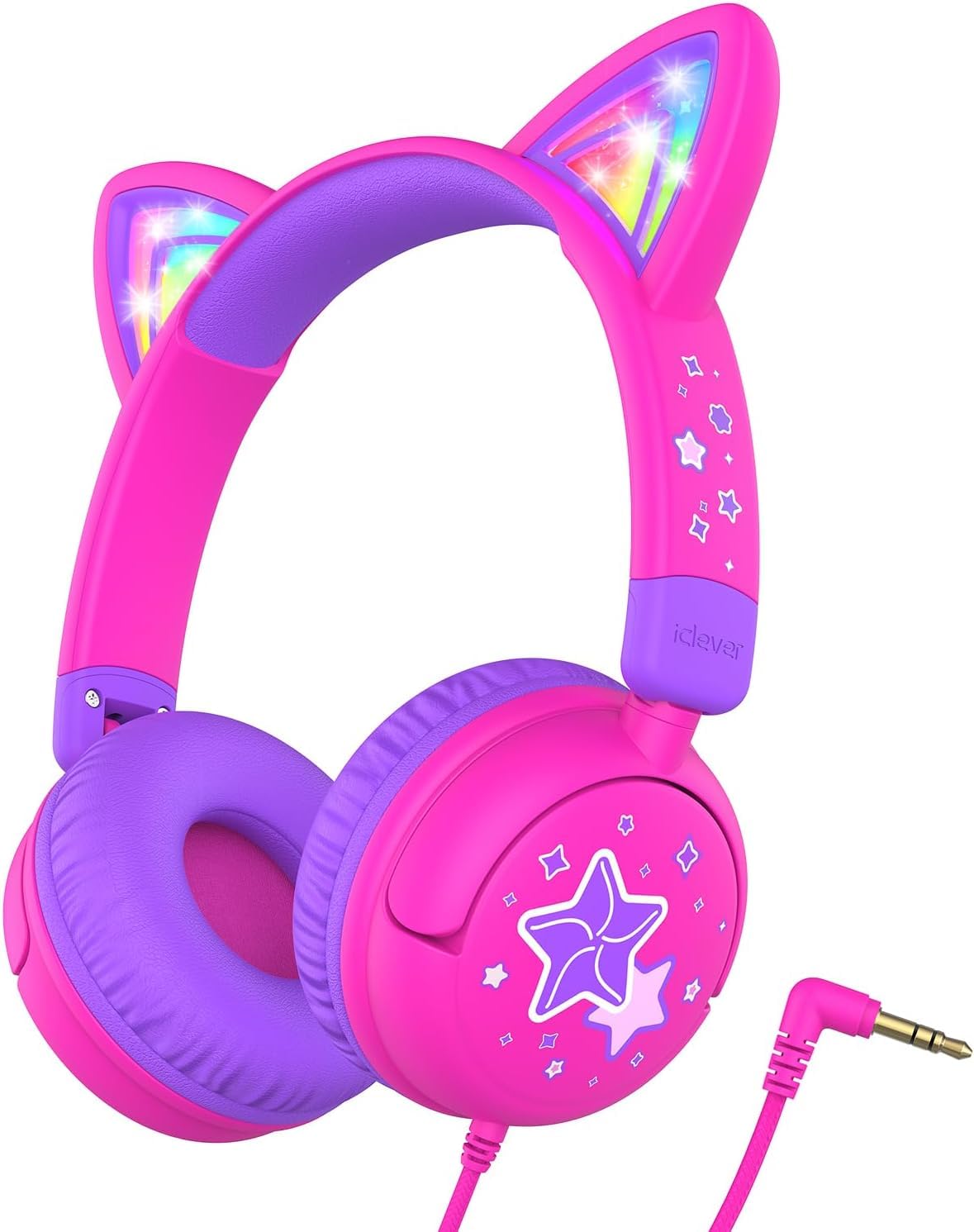 iClever Kids Headphones LED Light Up Cat Ear, 85dBA Safe Volume, Stereo Sound, 3.5mm Wired Kids Headphone for Travel/School, Foldable Toddler Headphones for iPad Tablets, Meow Lollipop-Pink-image-25