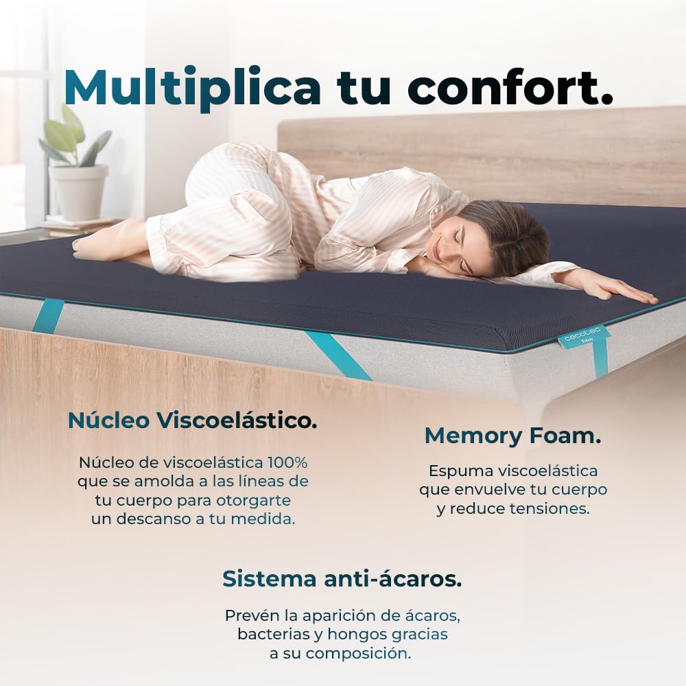 Cecotec Topper Viscoelástico Flow TopSerenity 90x190. Cubrecolchón Sobrecolchón. Viscoelástica 100% de 5 cm de Altura, 4 Correas Elásticas Antideslizantes, Funda Exterior con Cremallera