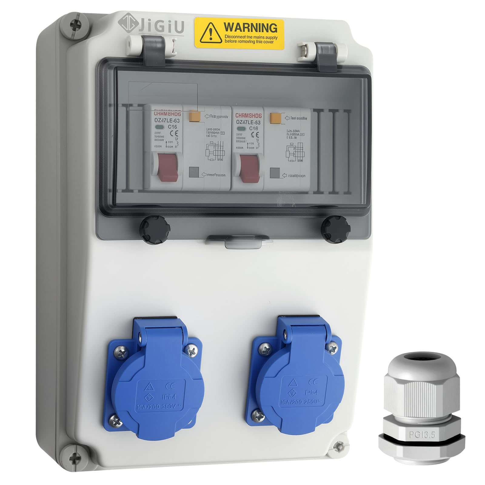 JiGiU Coffret Électrique de Chantier, 2 Prises Schuko, Disjoncteur FI+LS