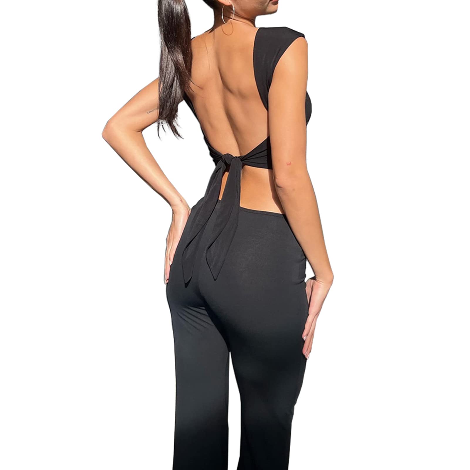 Photo 1 of Fastkoala Open Back Tops for Women Backless Crewneck Going Out Short Sleeve Crop Tee Shirts Cut Out Y2k Tops Small 53-black