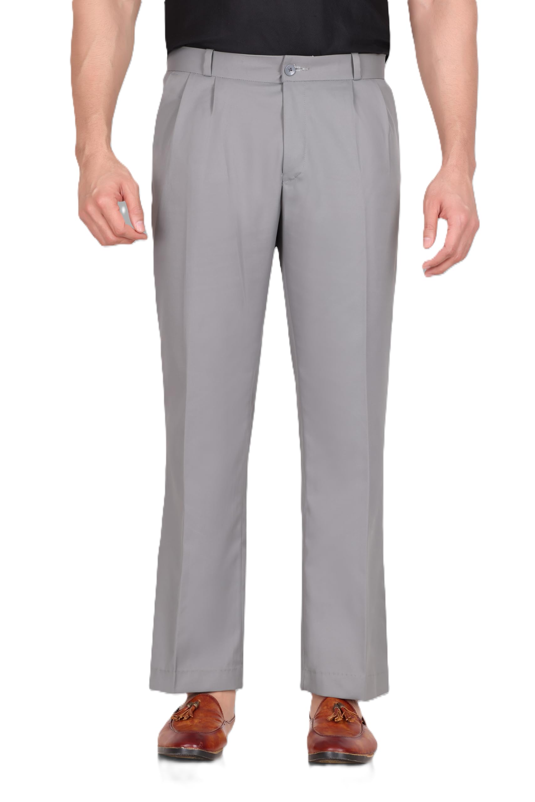 villain Men's Light Grey Formal Trousers, Cotton Blend, Relaxed Fit, Pleated Front, Mid Rise,-picture-27