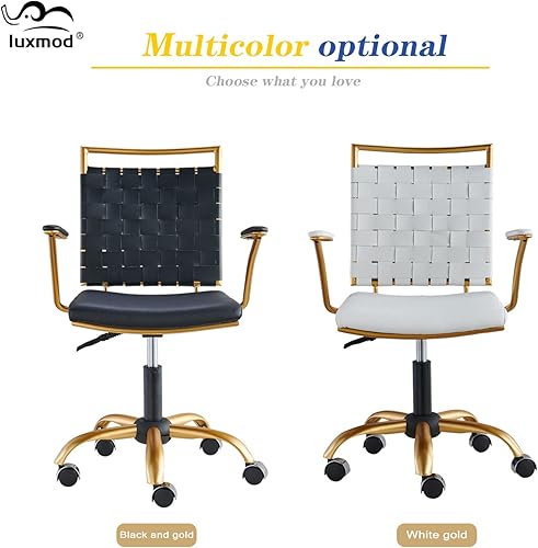 Miniatura 10 de LUXMOD Silla de oficina dorada y negra silla de escritorio ergonómica giratoria de respaldo medio con brazos silla ergonómica de cuero negro para