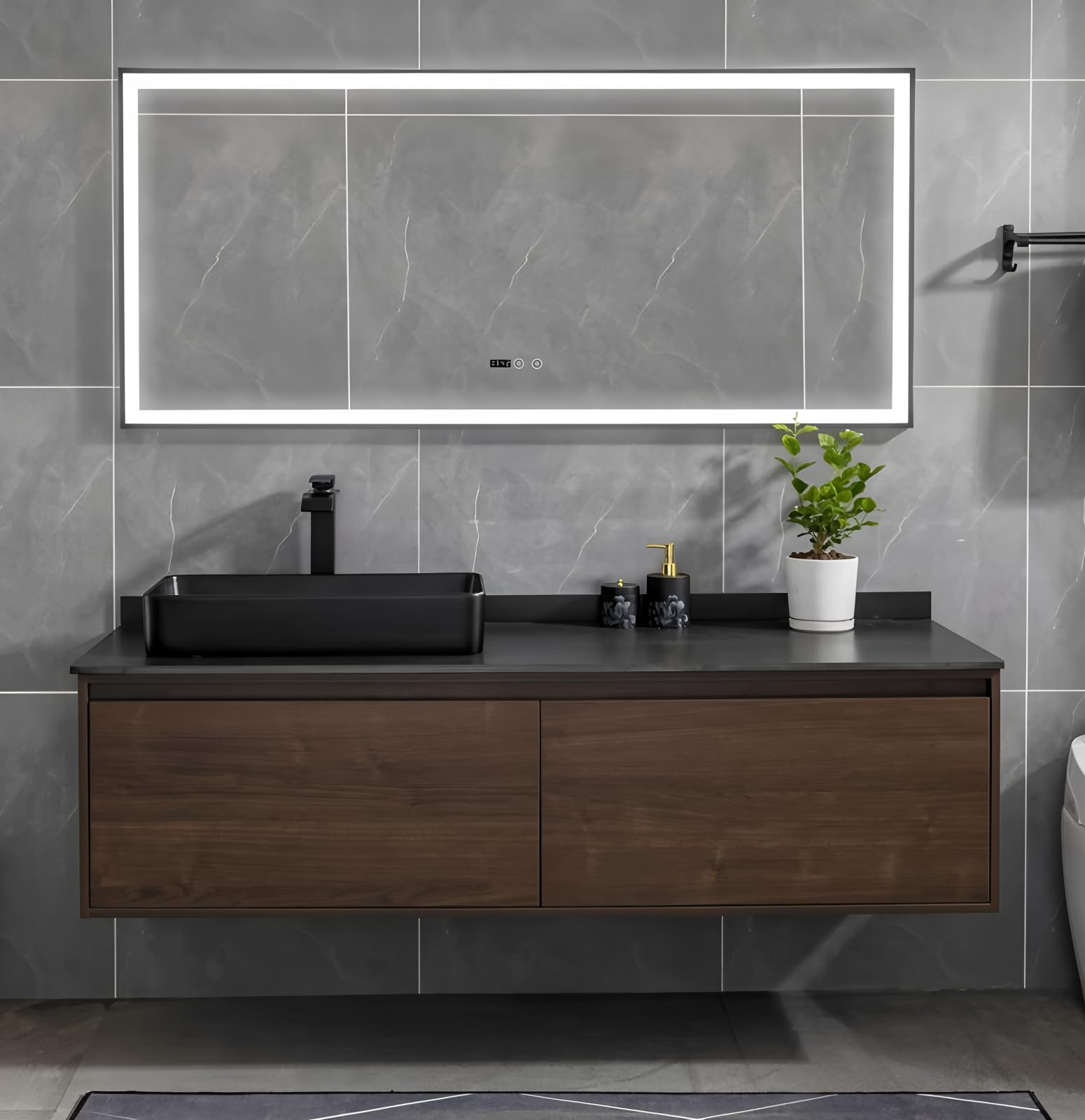Juego de baño montado en la pared de 52 pulgadas con espejo LED inteligente antivaho impermeable, gabinete de madera maciza, lavabo negro y encimera para baños modernos