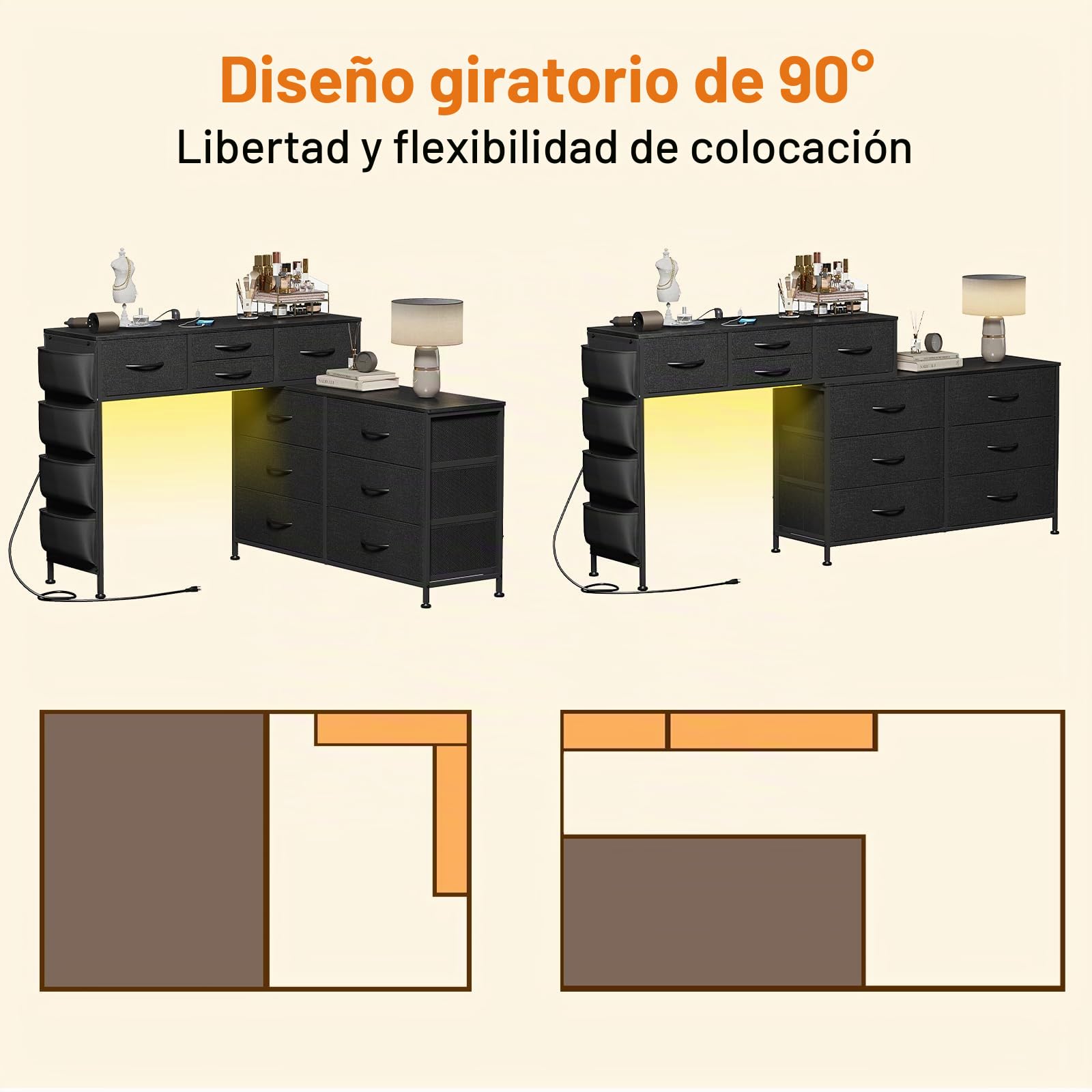 Cómoda de 170 cm con estación de carga y luz LED, mesa de tocador giratoria con 10 cajones de tela y bolsillos laterales, mesa de maquillaje moderna para oficina en casa, gris negro