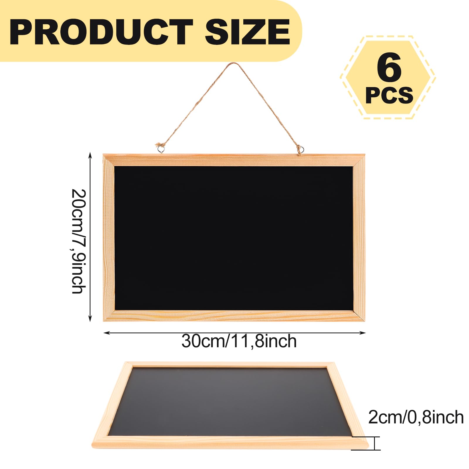 6 Unidades Pizarra de Tiza con Marco de Madera, 30 x 20 cm Pizarra de Madera con Cuerda y Ganchos, Pizarras Negras para Escribir para Cocina, Menú, Escuela, Bar, Decoración