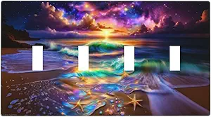 Decorative Switch Covers Plate Colorful Sunset Starfish Beach Shells 4 Gang Wall Plate Oversized Quad Toggle Light Switch Plate Jumbo Faceplate for Bathroom Bedroom Decor