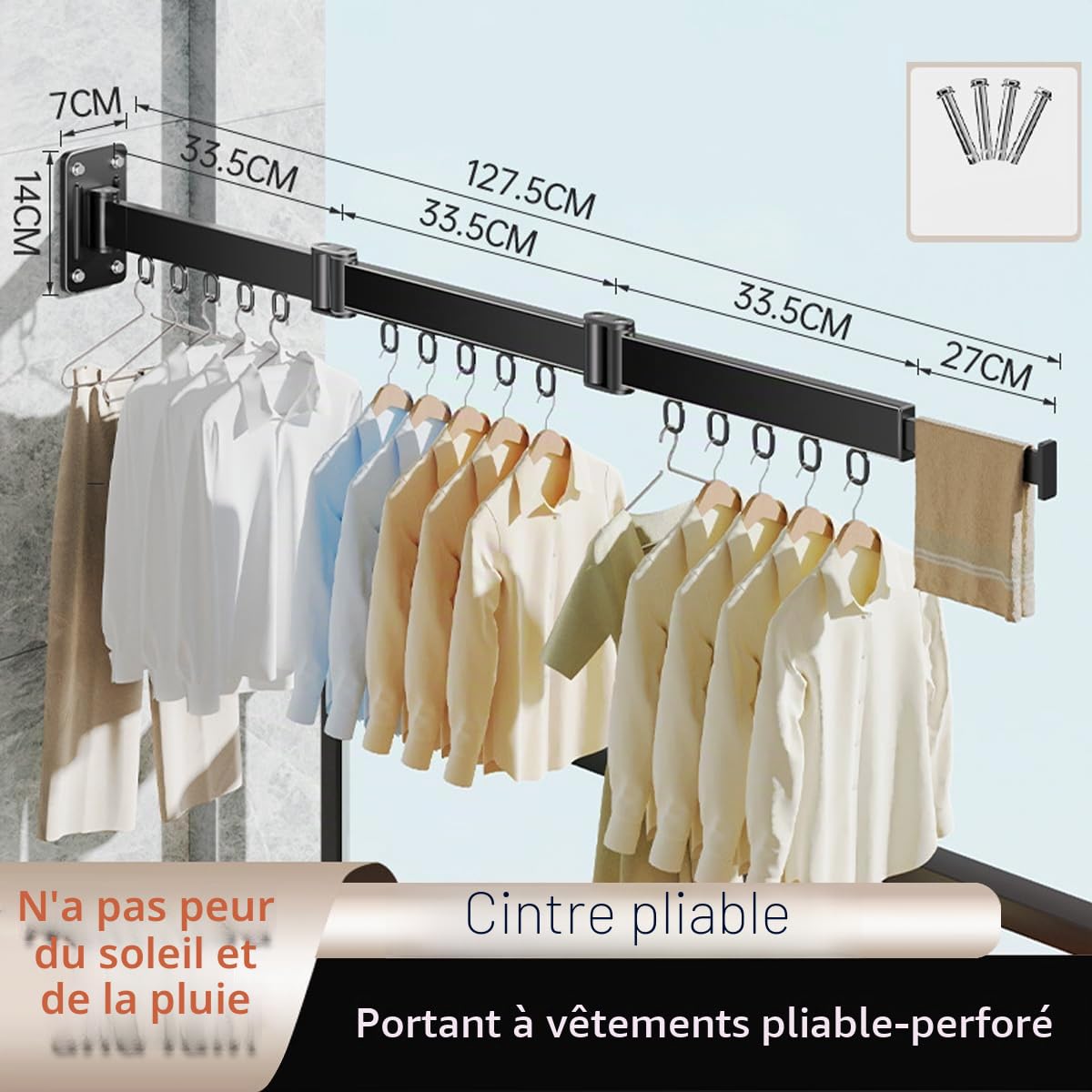 étendoir mural pliable 3 volets 128 cm | Gain de place avec barre extensible, 15 crochets, convient pour balcon, buanderie, salon et chambre à coucher