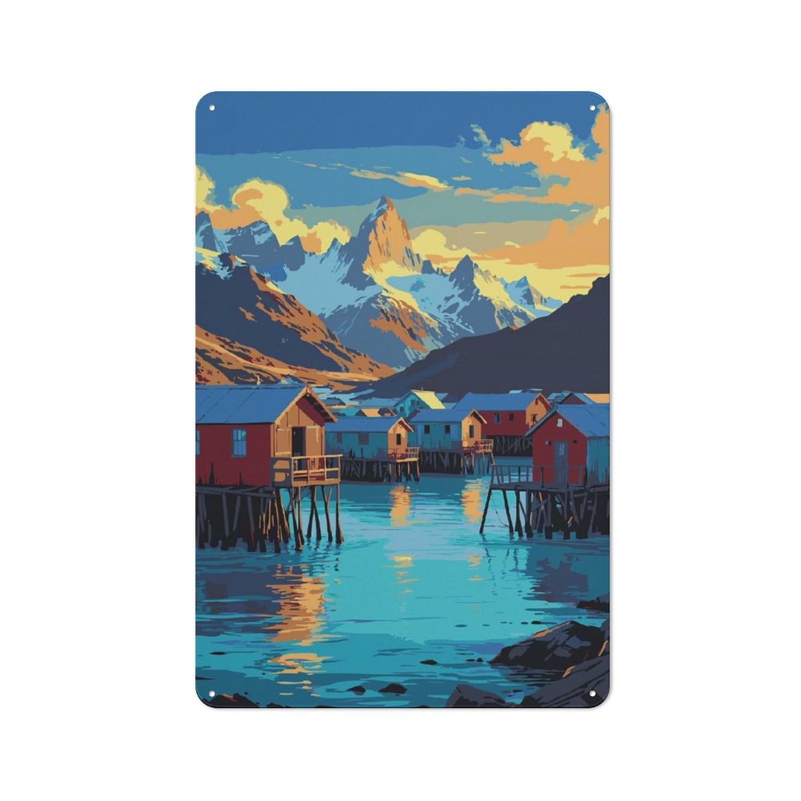 Junmoney Style-14 Coastal Village With Mountain Backdrop Everyday Metal Wall Decor 30X20cm, Vintage Metal Sign For Hallway, Home Bar, Garage Or Study