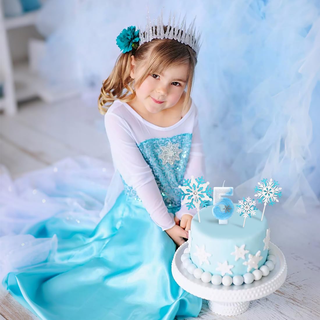 Ovanda Geburtstagskerze Zahl 5 - Glitzernde 3D Kerze Mit Schneeflocken - Für Mädchen Geburtstag