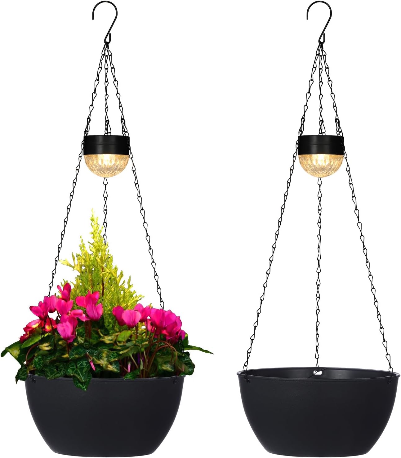 BAYN 2 Packs Solar Hanging Basket Planters for Plants Outdoor, Self Watering Black Flower Plants Pots with Solar Light Drainer for Balcony Patio Garden Outdoor Decoration