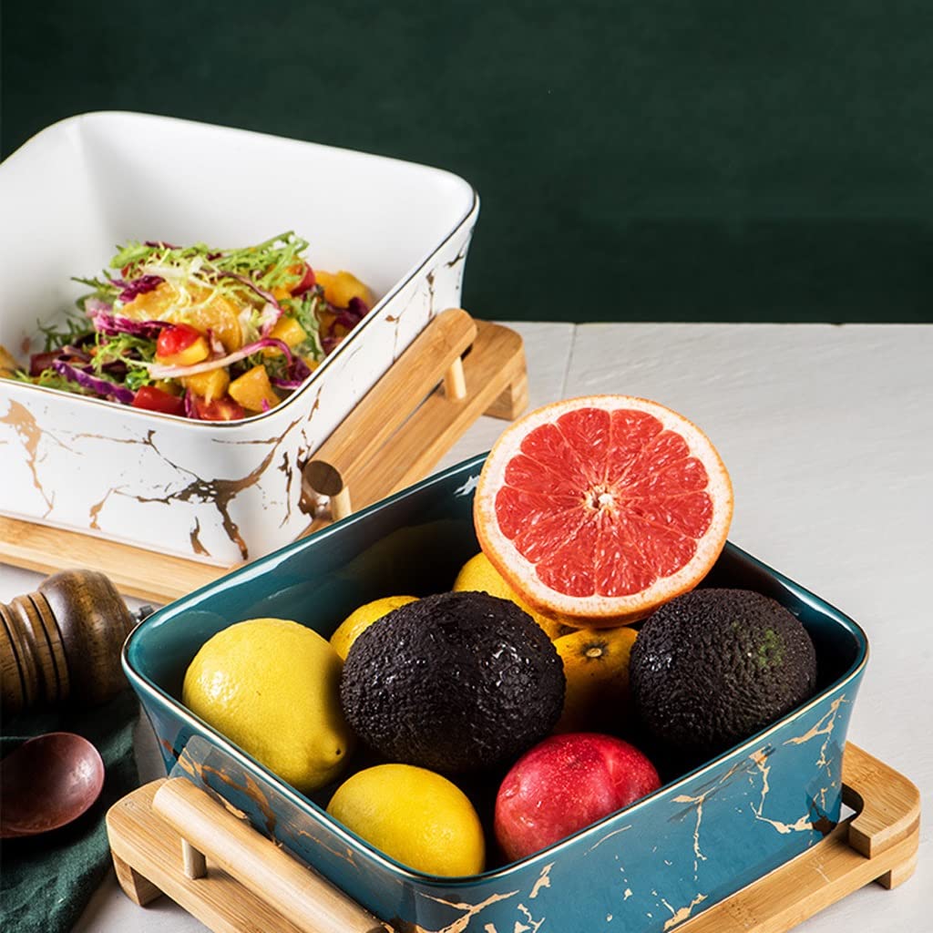 Saladier Bol à Dessert en céramique à Salade en céramique à Motif carré de Fruits en marbre Simple Nordique avec Support en Bois créatif Bol(B2pc,L)