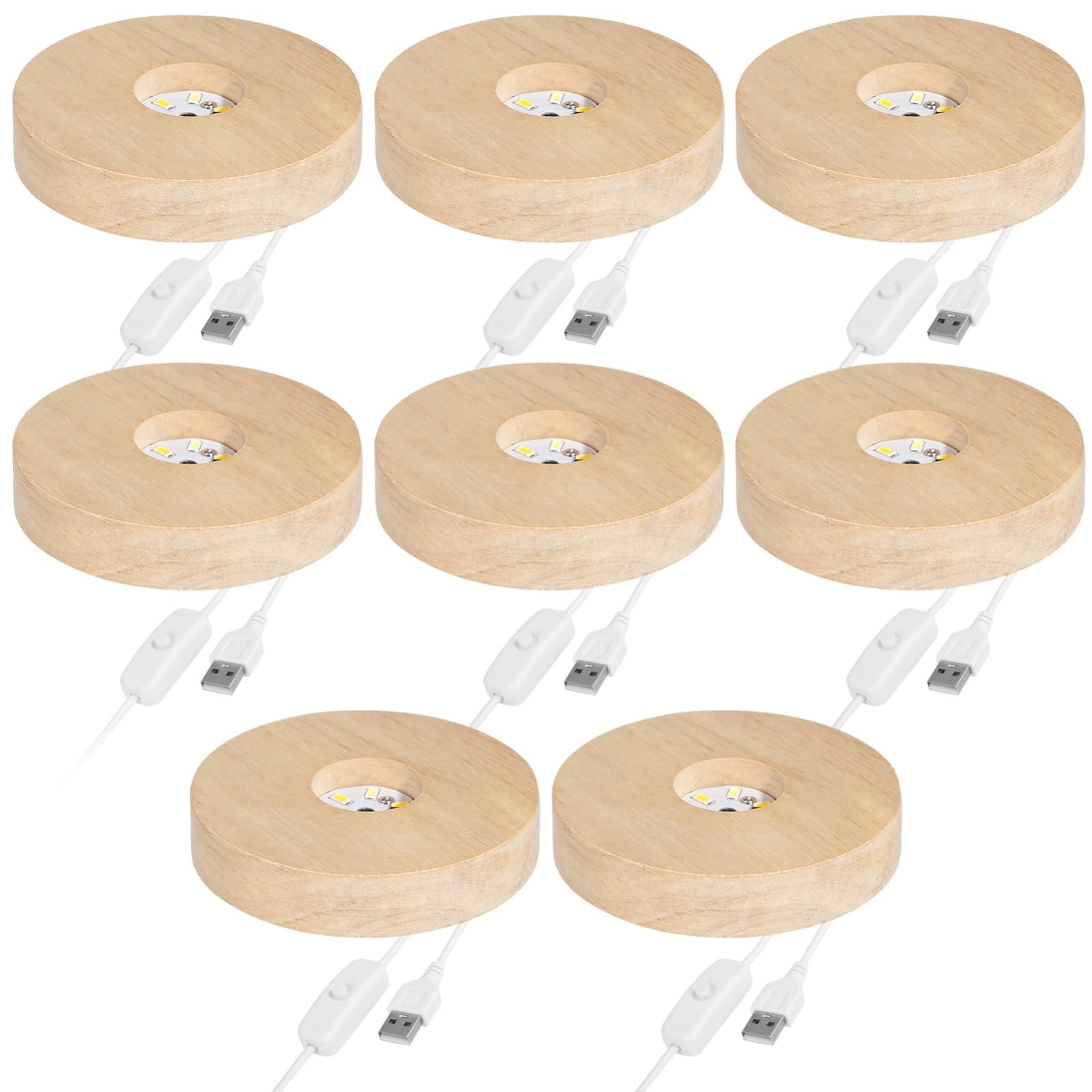 8 basi luminose a LED in legno, diametro 9,9 cm, altezza 2,3 cm, alimentazione USB con 3 modalità di illuminazione, espositore in cristallo per decorazioni domestiche, artigianato, vetro artistico
