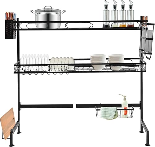 Miniatura 9 de Escurridor de platos sobre el fregadero, estante de cocina de 2 niveles de acero al carbono completo con 8 ganchos, estante multifuncional que