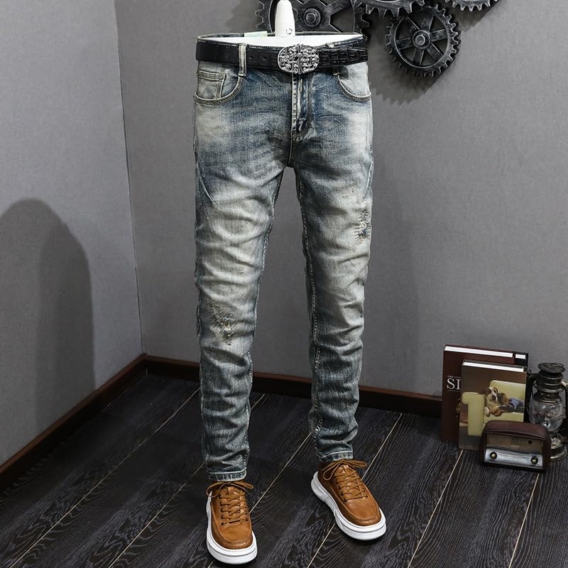 Mens Jeans Retro Light Blue Stretch Slim Fit Printed Ripped Jeans Men Hole Trousers Vintage Casual Pants2