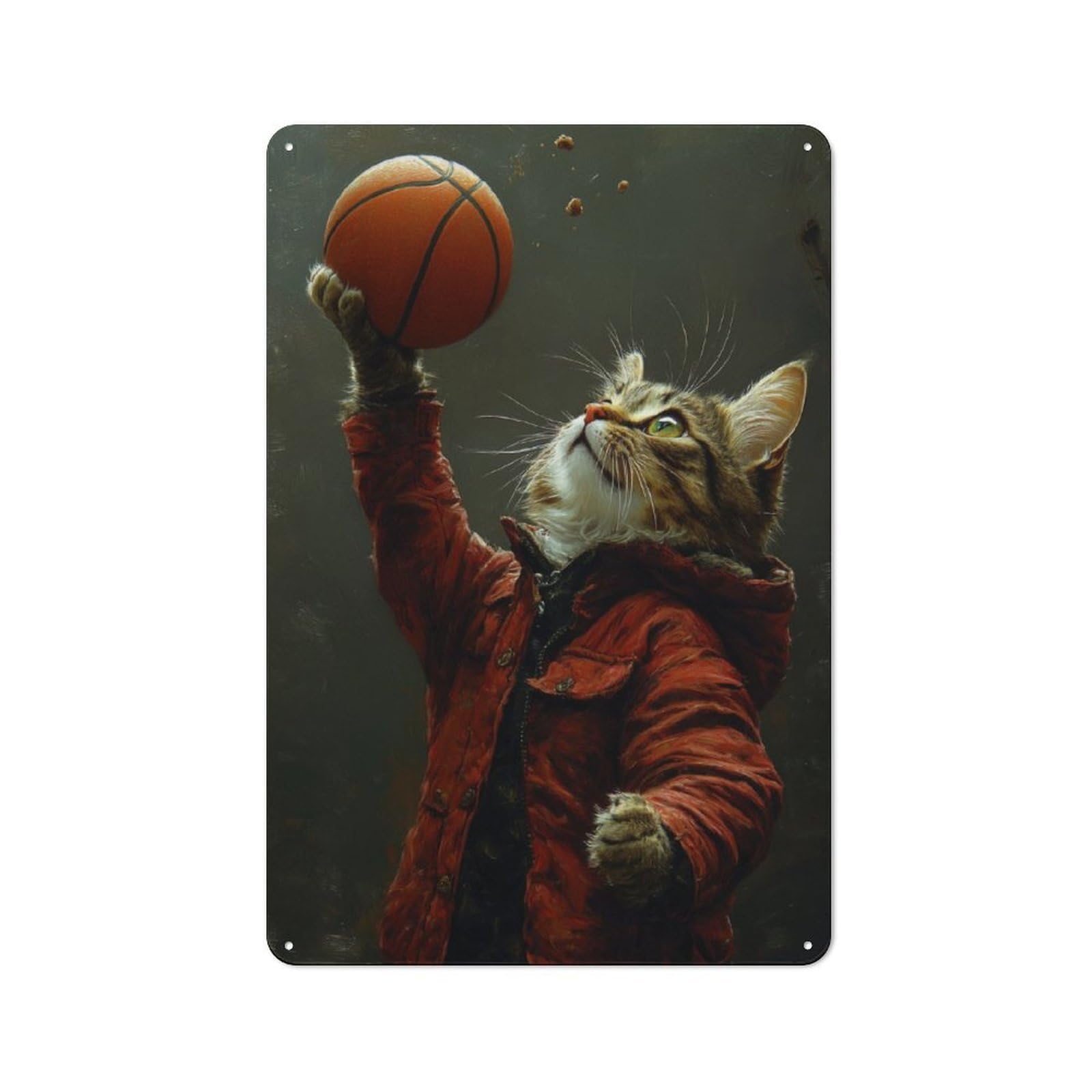 Junmoney Cat With Basketball Metal Wall Sign 30X20cm Featuring For Garage Wall, A Housewarming Gift For People Furnishing A Garage