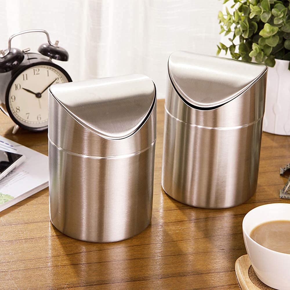 Mini Cestino Da Scrivania In Acciaio Inox Spazzolato Con Coperchio Aperto A Dondolo – Capacità 1,5L – Rosso (12x12x16,5 Cm)