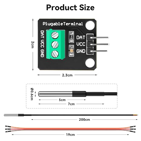 6 Pack DS18B20 Temperature Sensor High-Accuracy Stainless Steel Temperature Probe with Adapter Board and Jumper Wires for Arduino ESP32 Raspberry Pi