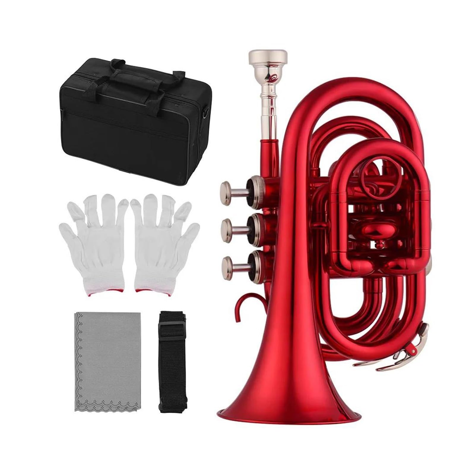 Trąbki Trąbka Kieszonkowa Bb, Płaski Instrument Dęty Z Mosiądzu Z Ustnikiem, Futerał Do Przenoszenia Akcesoriów (Color : Crimson)