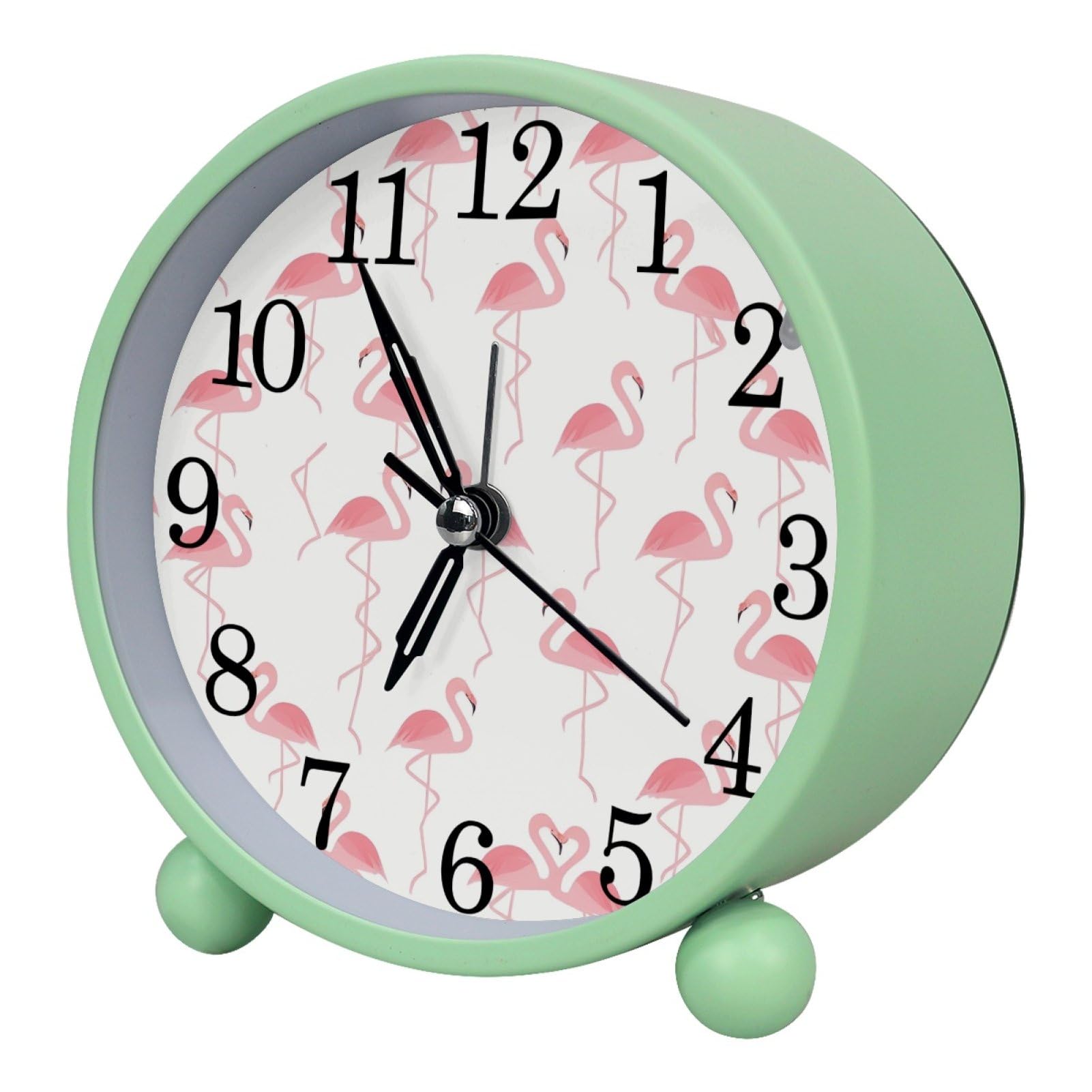 etoenbrc Flamingo Round Battery Operated Bedside Alarm Clock Non-Ticking Desktop Silent Analog Alarm Clock with Light