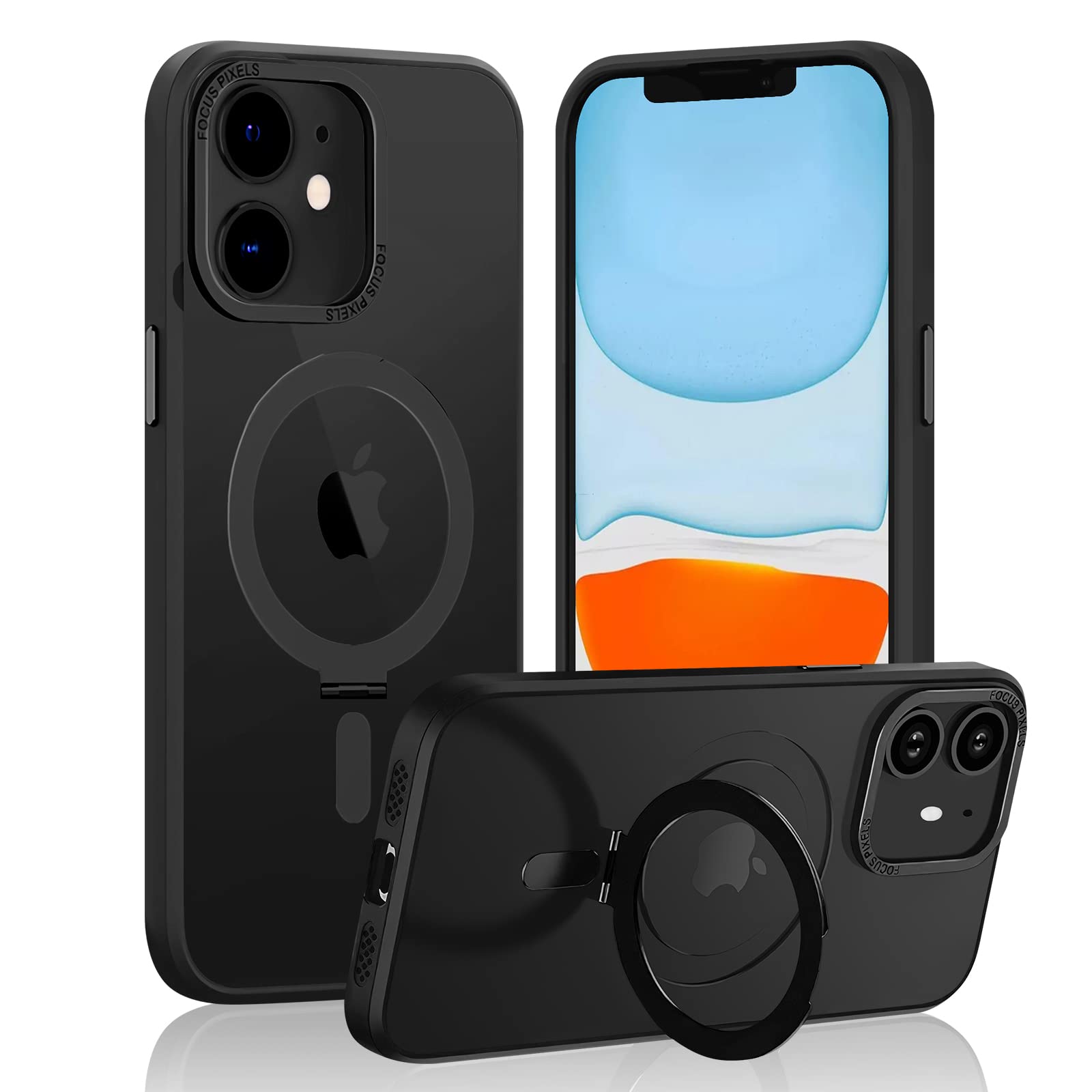 Case with Magnetic Stand for iphone 11, TPU and PC Hybrid Shockproof Protection Magnetic Phone Cover with Built-in Invisible Ring Stand, Translucent Matte Black