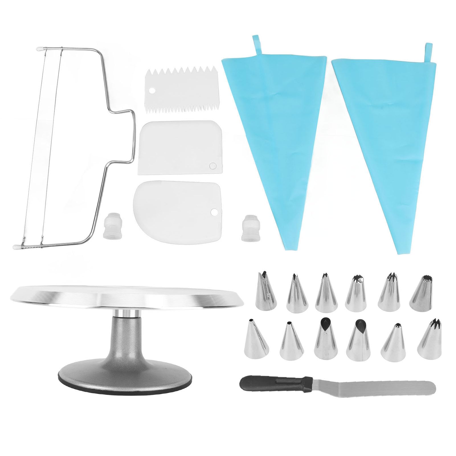 AMONIDA Kit de Decoración de Pasteles de 22 Piezas con Plato Giratorio de Aleación de Aluminio de 12 Pulgadas Ideal para Panaderos Profesionales y Domésticos Incluye Herramientas Esenciales para