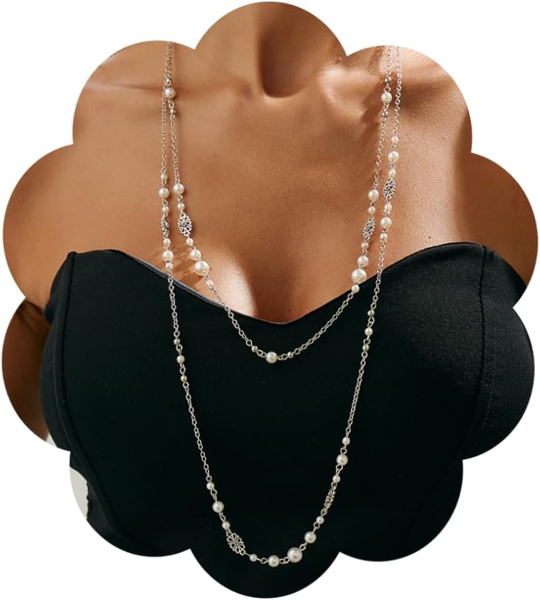 Long Pearl Necklaces for Women Pearl Long Chain Necklace Dainty Gold And Long Pearl Necklaces Layered Pearl Necklace Statement Sweater Strand Chain Jewelry