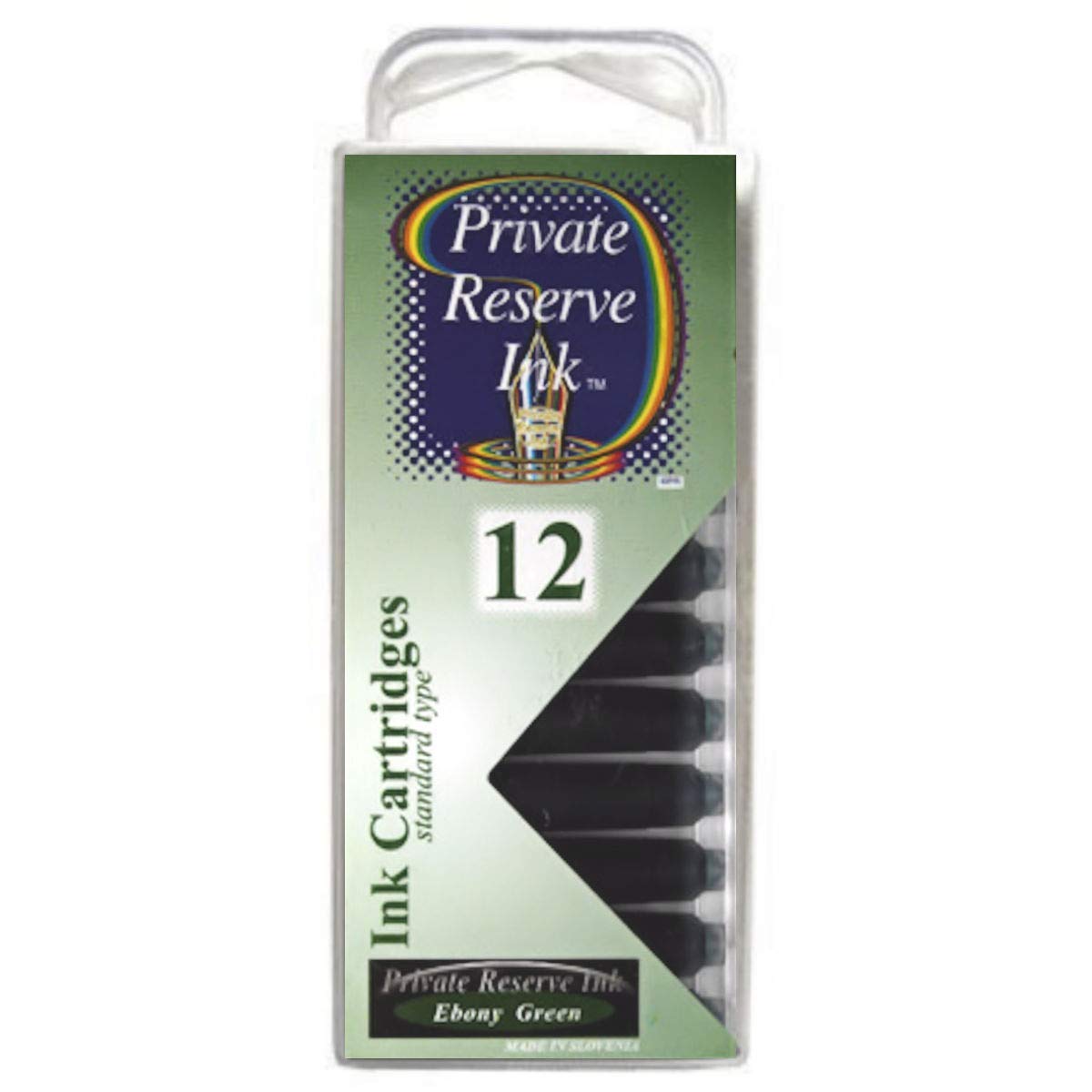 12 Pack - Private Reserve Ink, Universal Fountain Pen Ink Cartridges Clear Case, Ebony Green